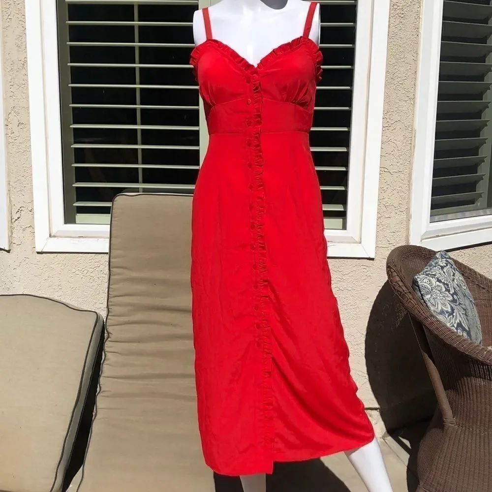 TOPSHOP Red Ruffle Button Down Slipdress Sz 2 - Picture 3 of 11